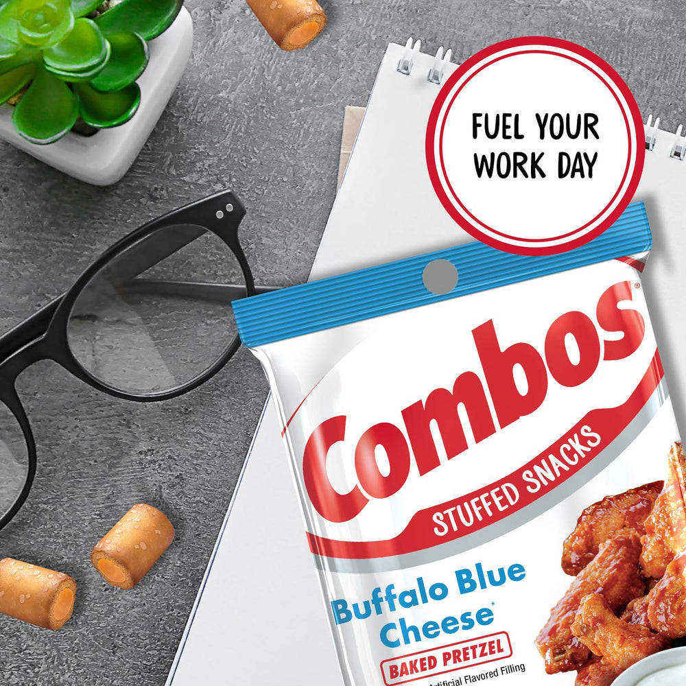 Combos Buffalo Blue Cheese Pretzel Baked Snacks serving plate, great for social snacking at gatherings.