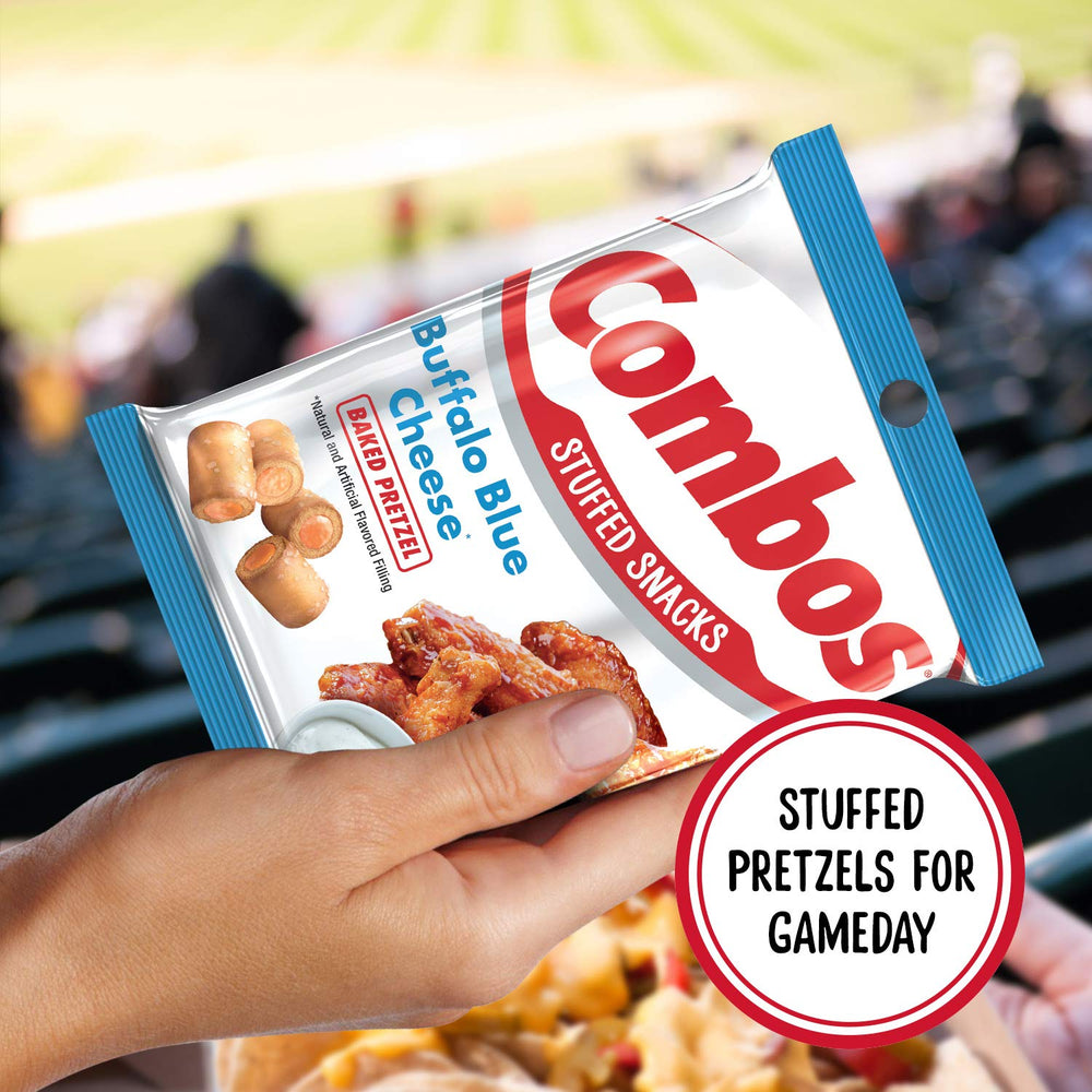 Combos Buffalo Blue Cheese Pretzel Baked Snacks serving tray for group tasting during parties.