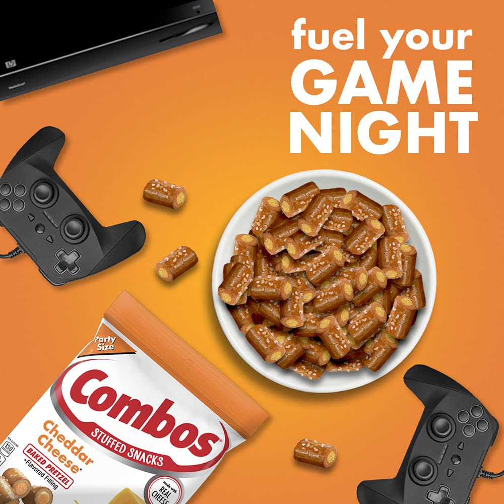 Combos Cheddar baked pretzel snacks bag open for easy snacking anytime.