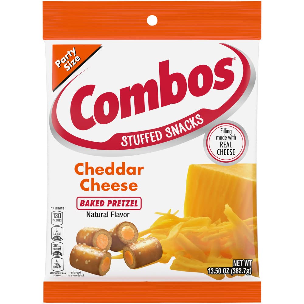 Combos Cheddar baked pretzel snacks front view, ideal for sharing at parties.