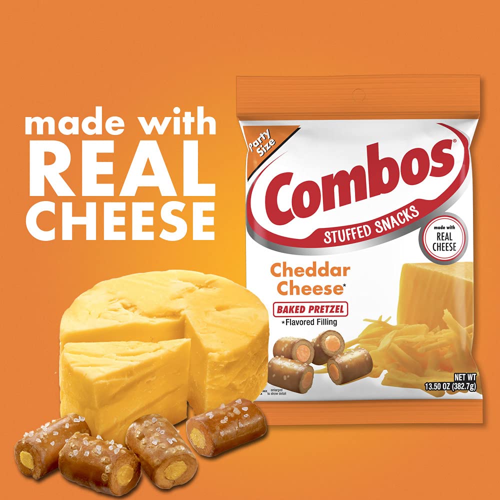 Combos Cheddar baked pretzel snacks on party table, crowd-pleasing option.