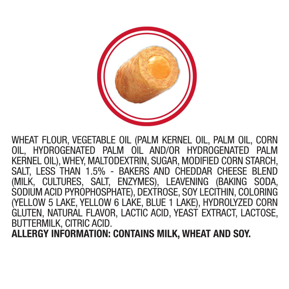 Close-up shows cheddar cheese filling inside Combos crackers.