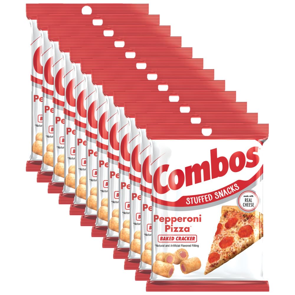 Combos pepperoni pizza pretzel snack pack with real cheese for on-the-go flavor.