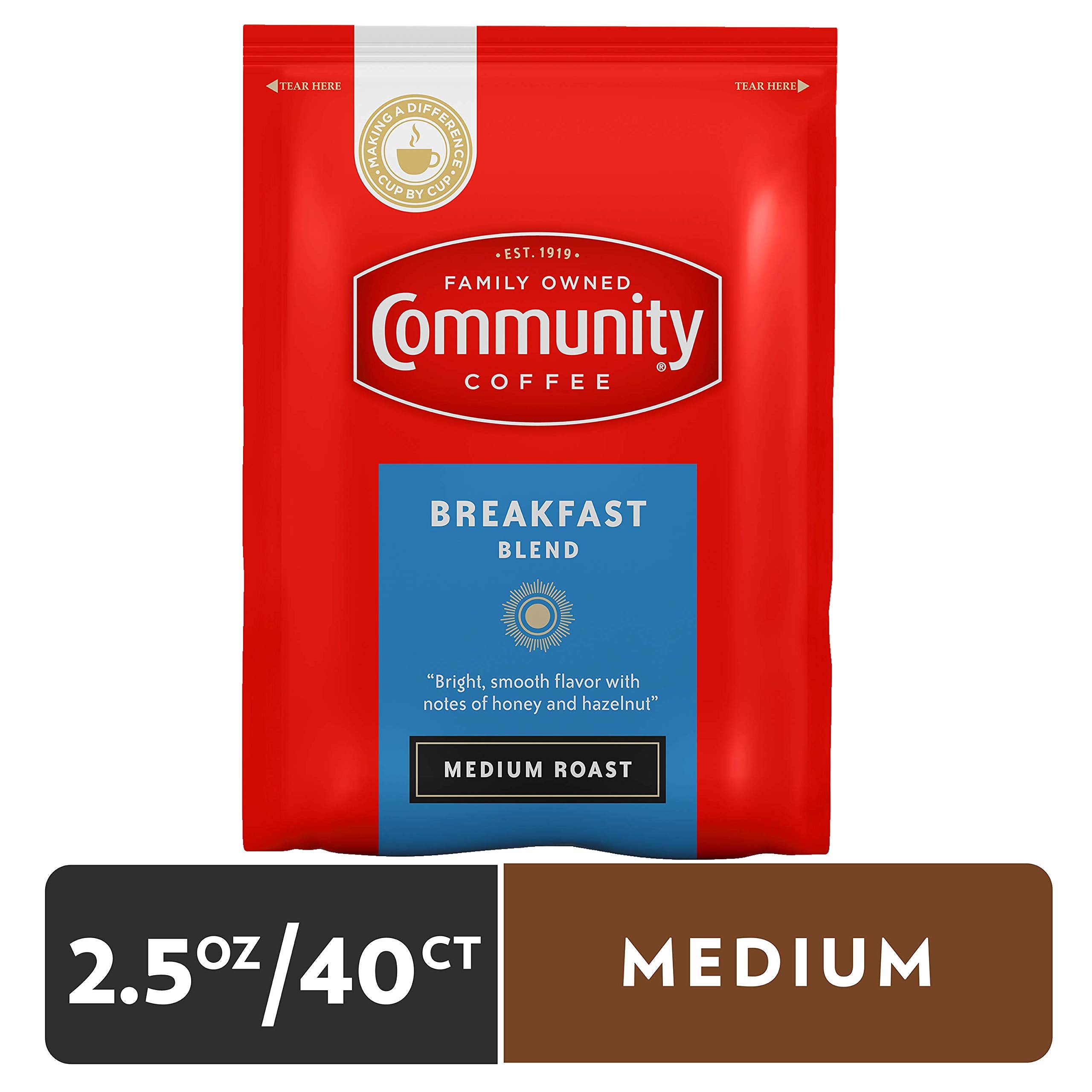 Community Coffee 2.5 oz ground packets close-up for quick single-pot prep