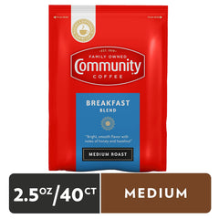 Community Coffee 2.5 oz ground packets close-up for quick single-pot prep
