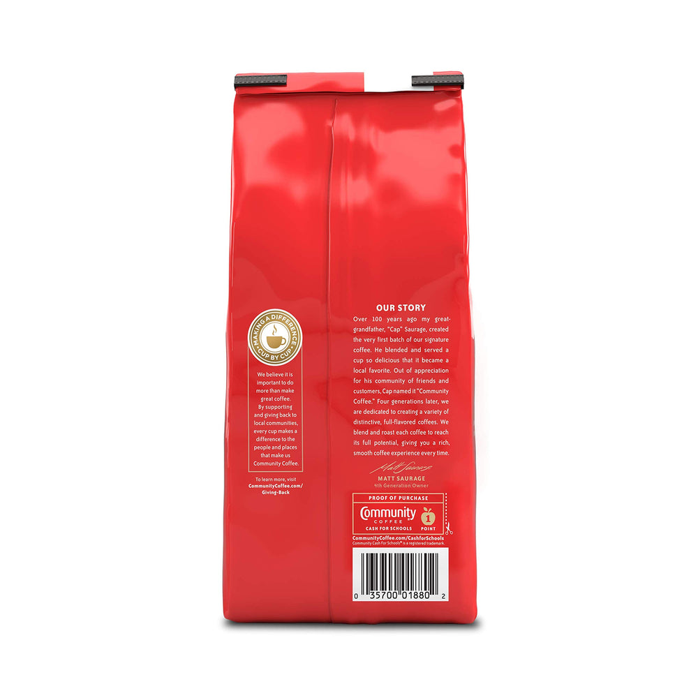 Aromatic Community Coffee Breakfast Blend over a cup signaling inviting flavor.