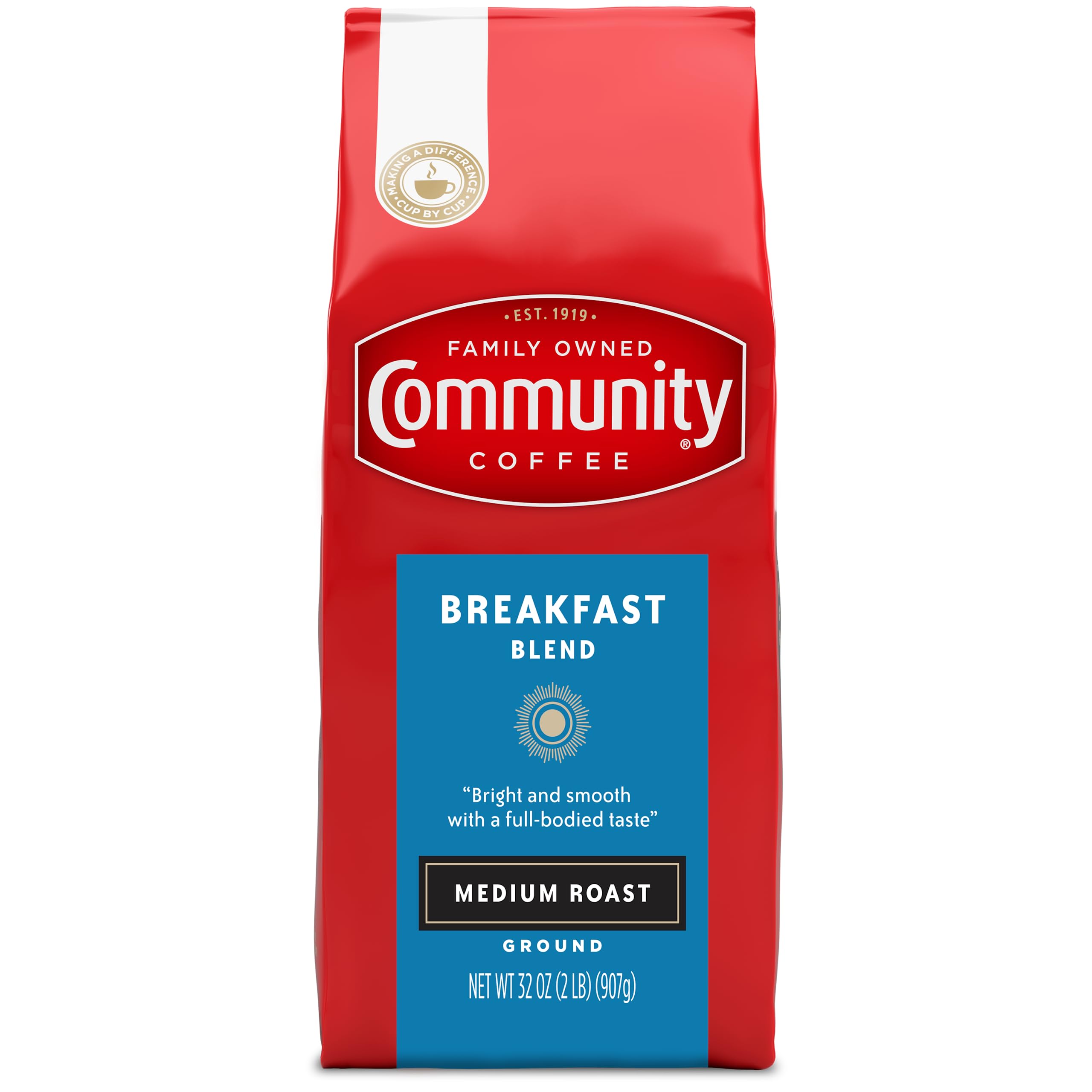 Community Coffee Breakfast Blend ground coffee bag, ideal for drip brewing