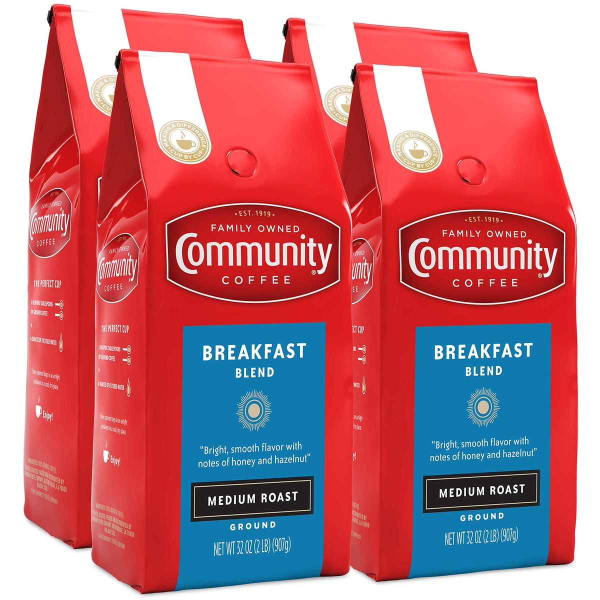 Community Coffee Breakfast Blend ground coffee in a 4x32 oz pack for daily drip brewing