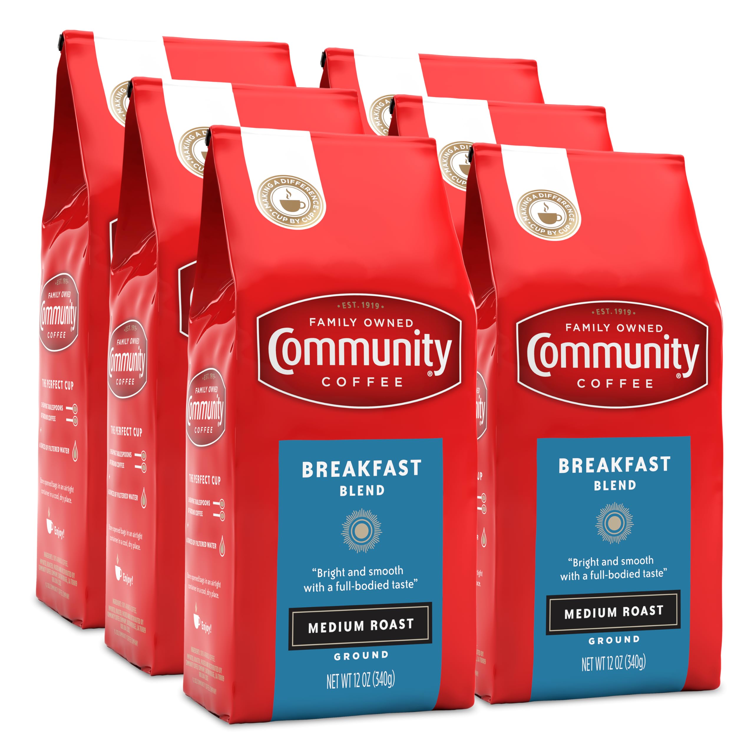 Community Coffee Breakfast Blend pack6 72oz; ideal for convenient mornings and drip brewing.