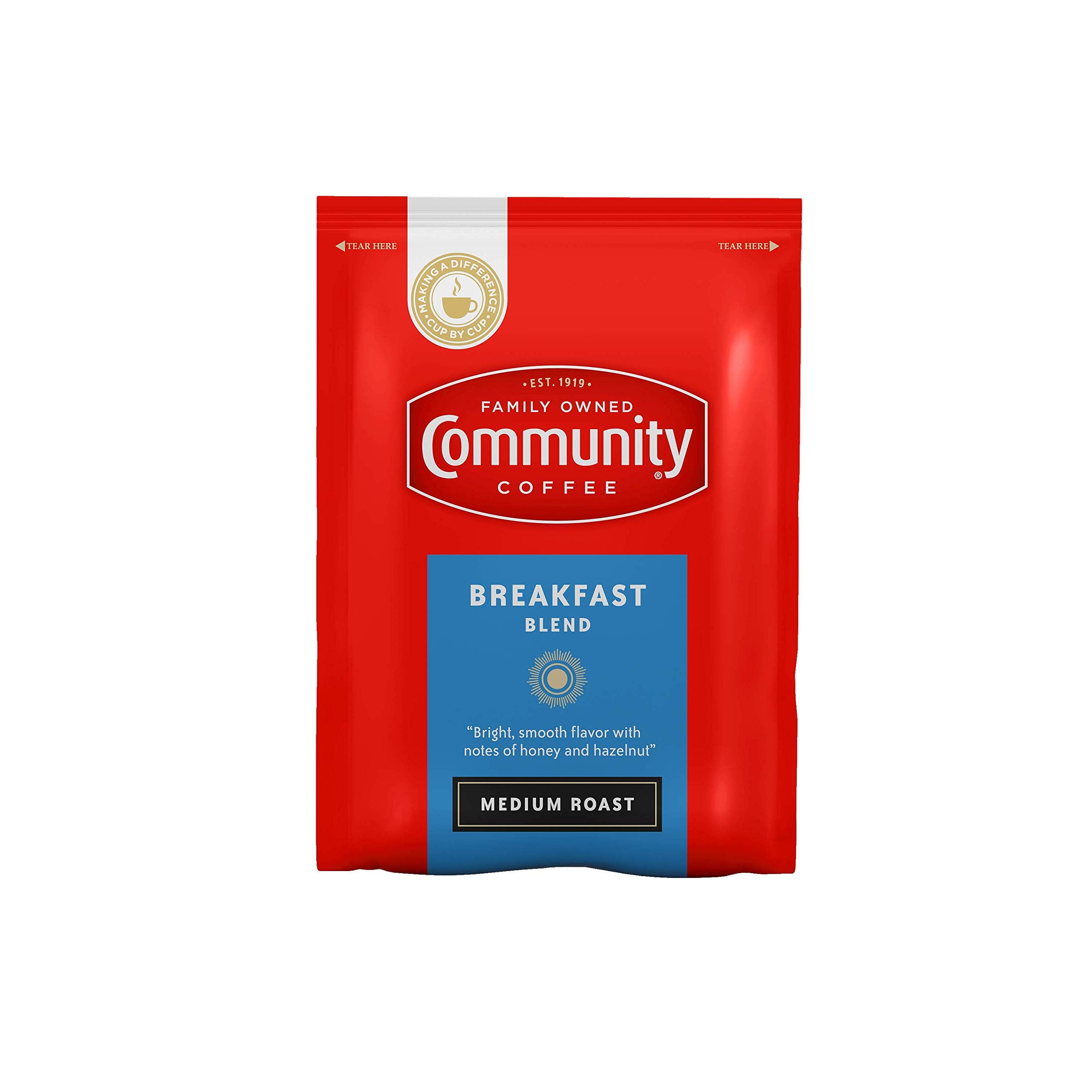 Community Coffee breakfast blend packets box showing 40 servings for bulk brewing