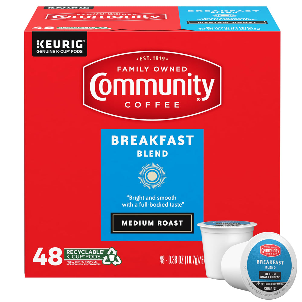 Community Coffee Breakfast Blend pods front view, quick morning boost.
