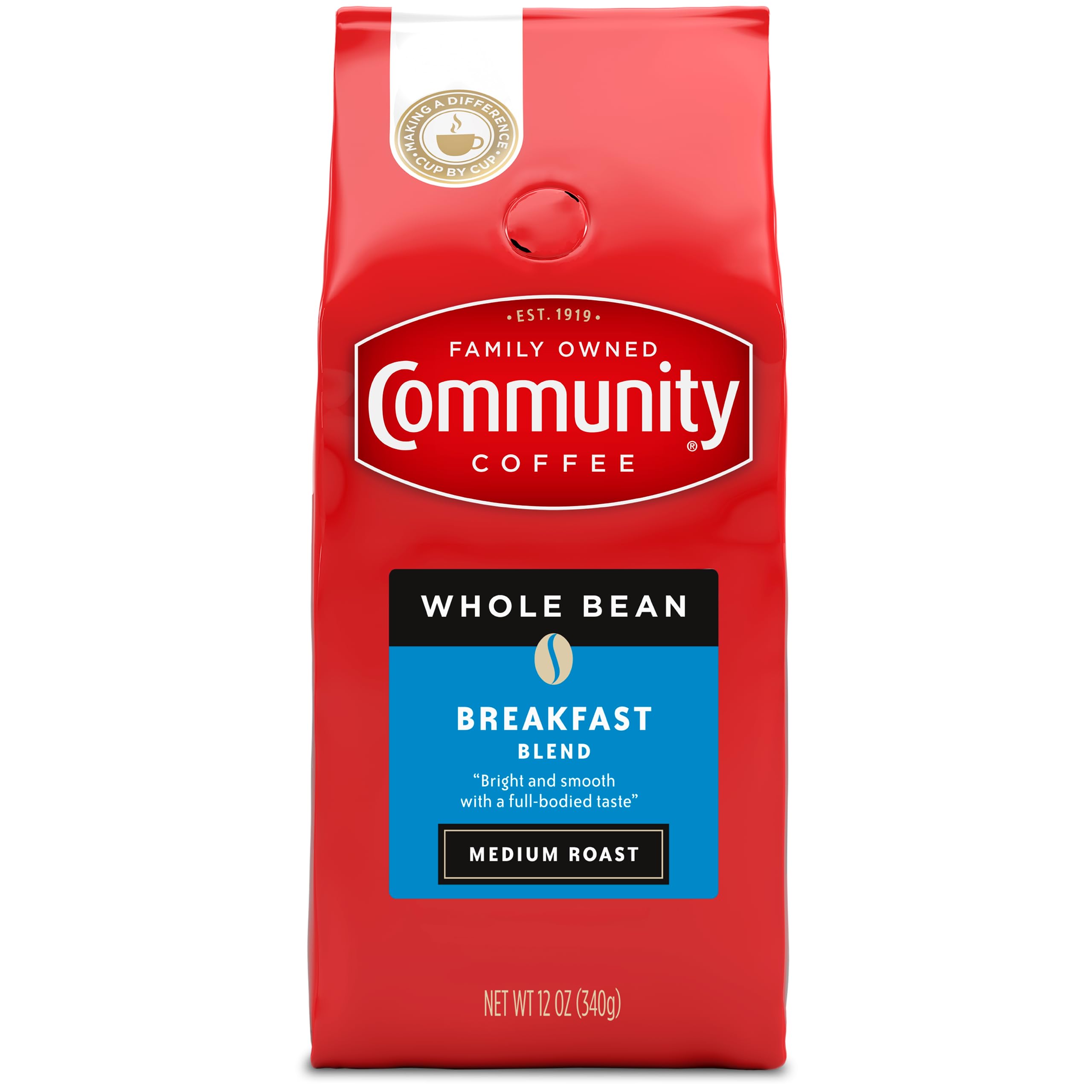 Community Coffee Breakfast Blend whole bean 12 oz bag with bright aroma and versatile grind.