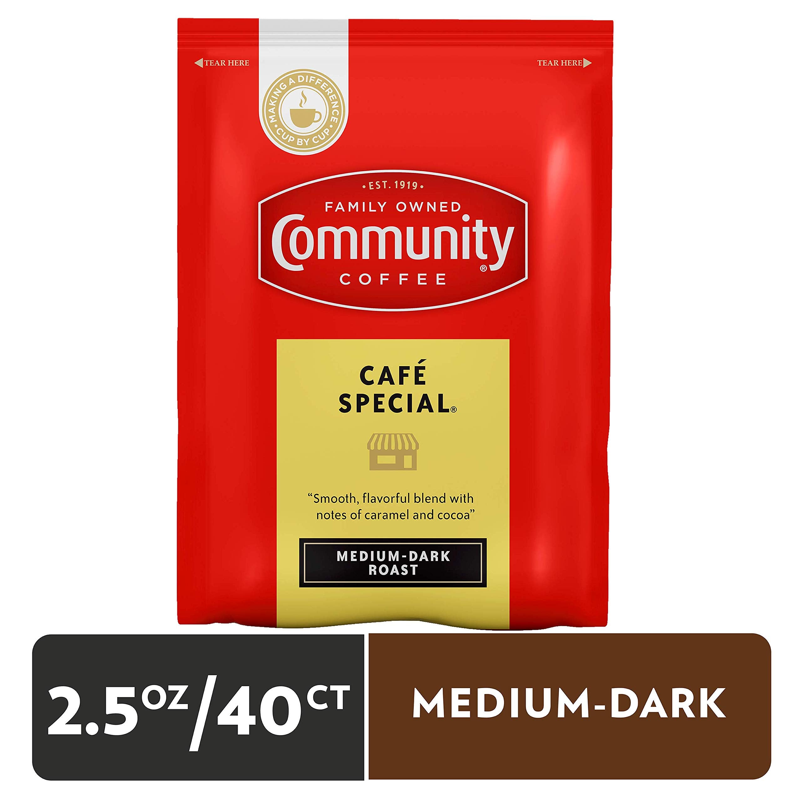 Community Coffee Cafe Special 2.5oz packets close-up highlighting precise portions for full pots.