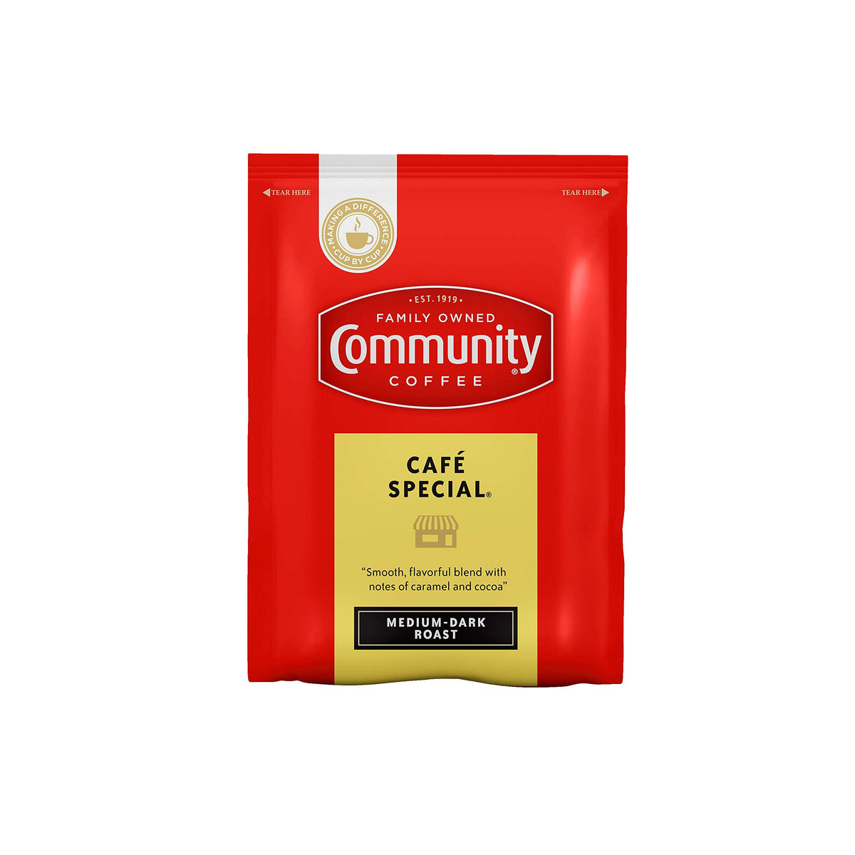 Community Coffee Cafe Special box front showing convenient pre-measured packs for bulk brewing.
