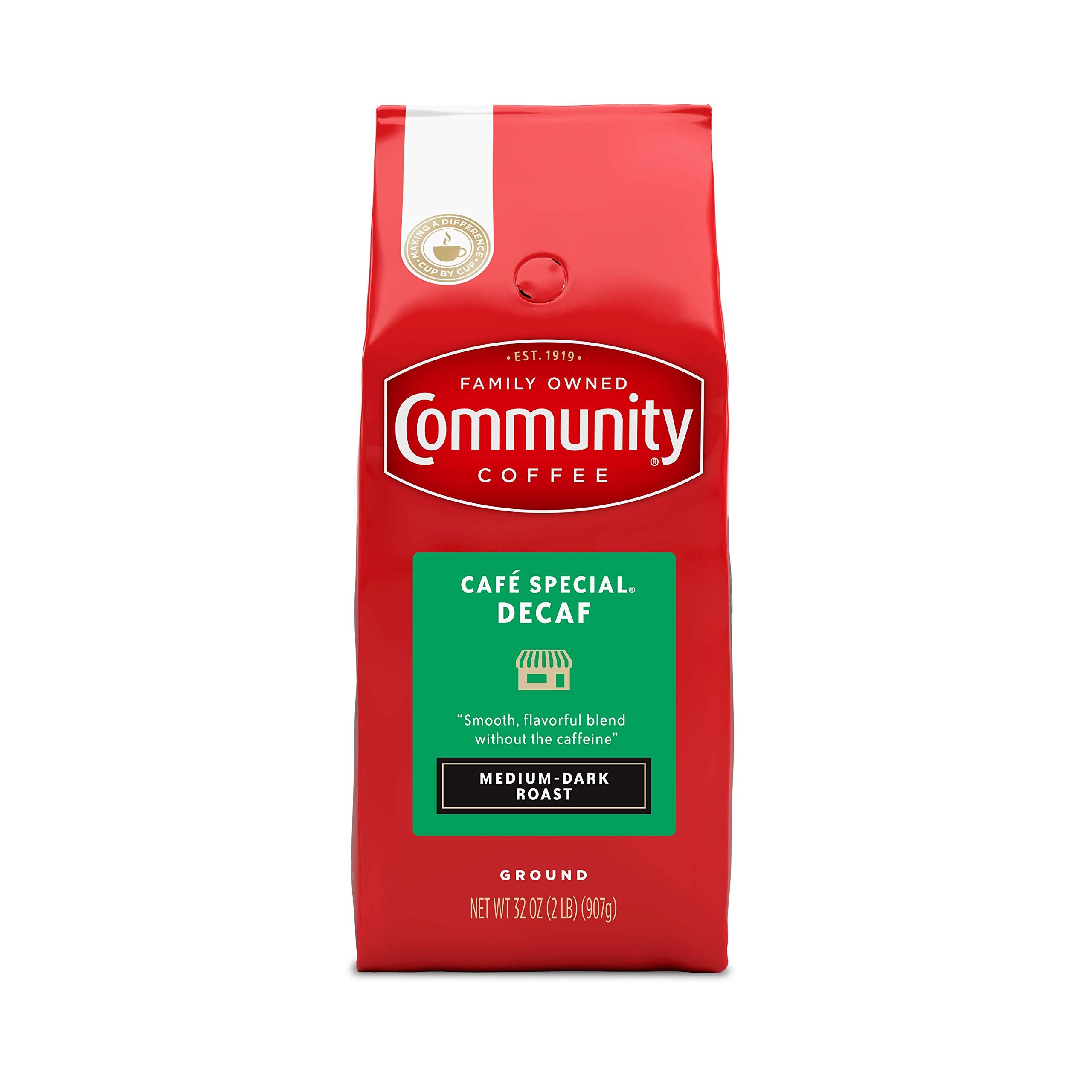 Community Coffee Café Special Decaf ground coffee 32oz bag ideal for drip or pour-over.