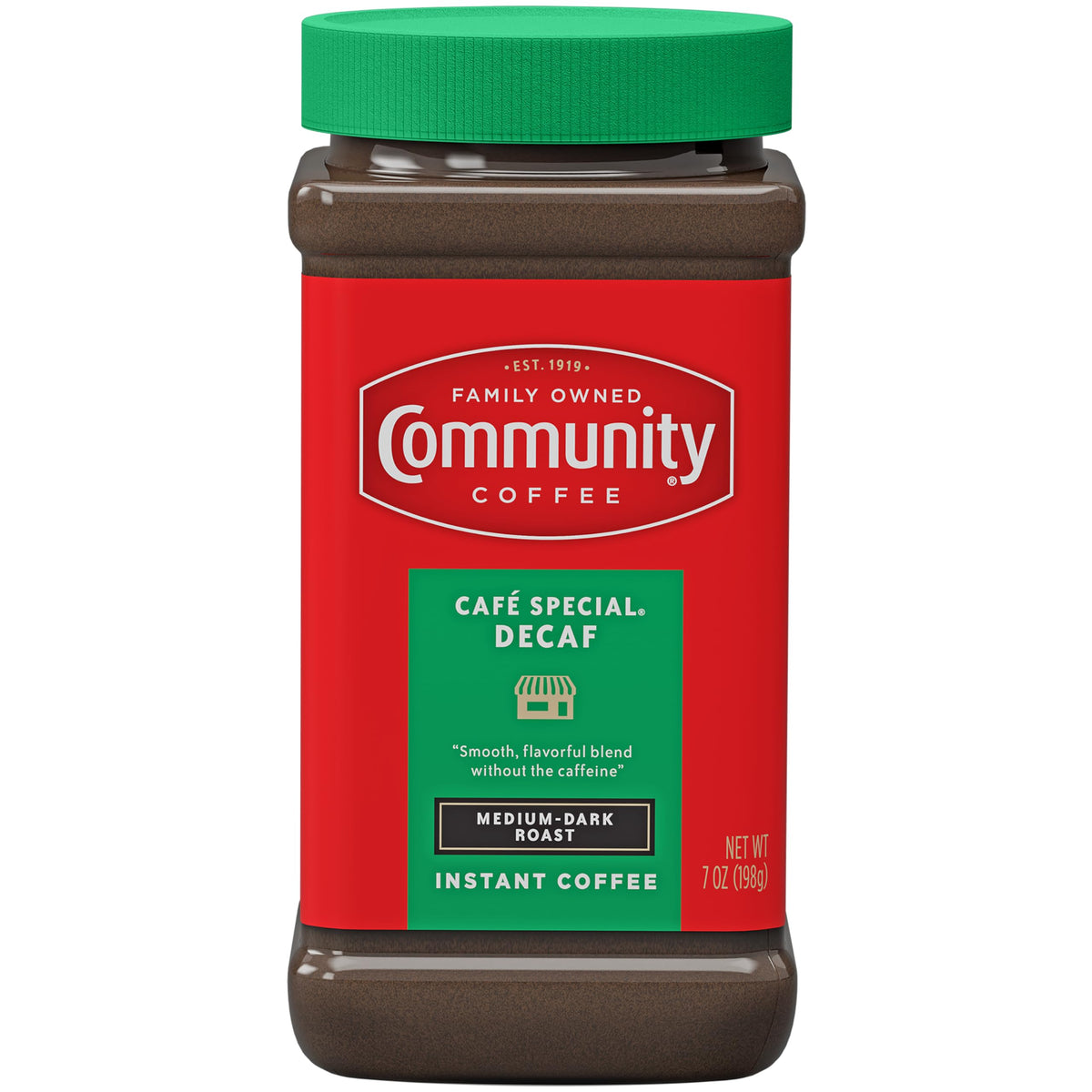 Community Coffee Café Special Decaf instant coffee jar for quick caffeine-free mornings.
