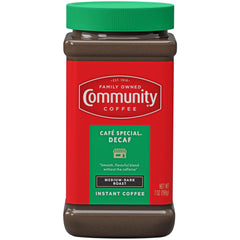 Community Coffee Café Special Decaf instant coffee jar for quick caffeine-free mornings.