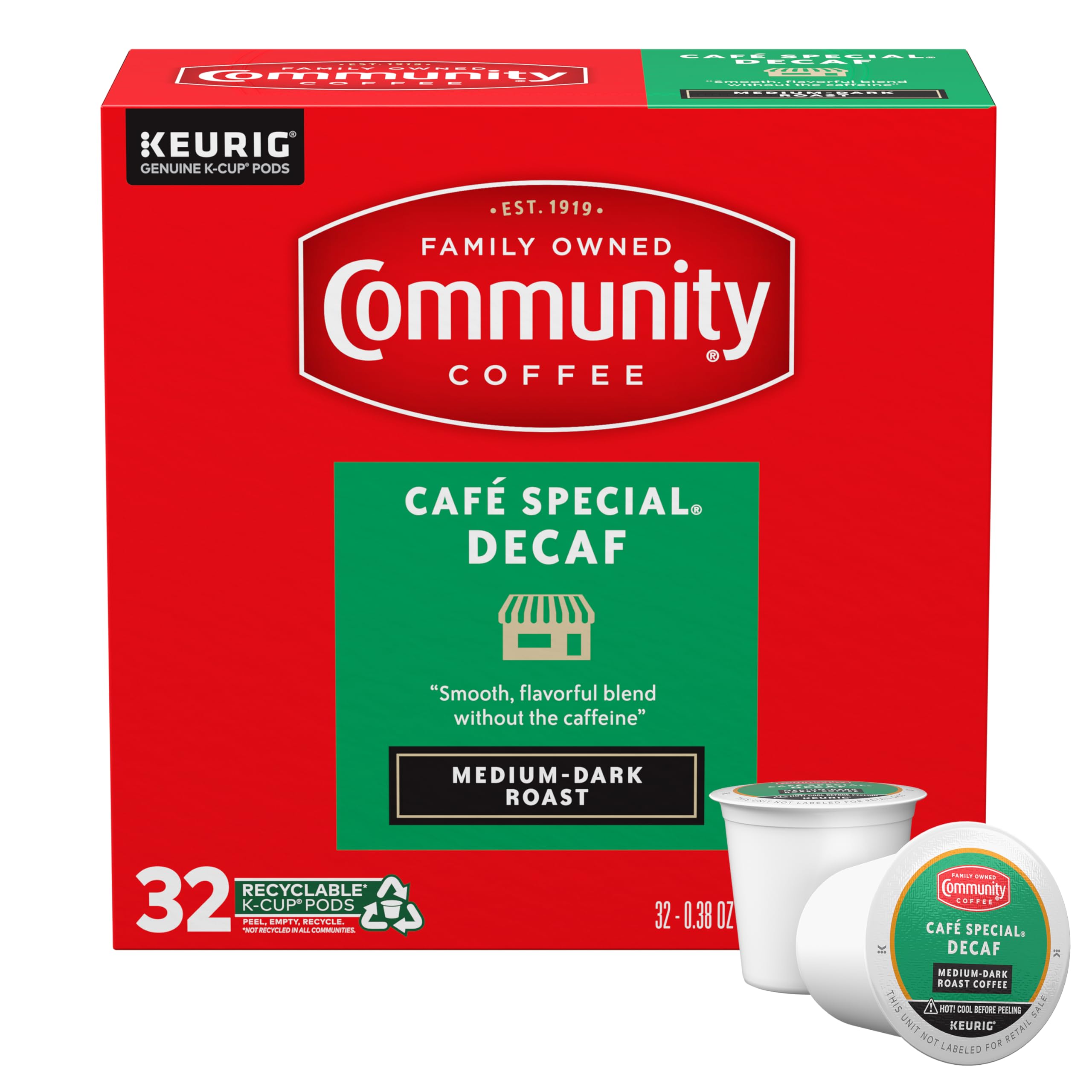 Community Coffee Café Special Decaf K-Cup Pod closeup reveals smooth, full-bodied flavor.