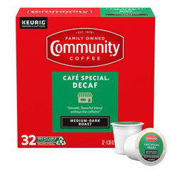Community Coffee Café Special Decaf K-Cup Pod closeup reveals smooth, full-bodied flavor.