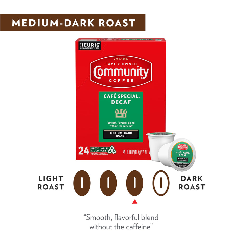 Community Coffee Café Special Decaf K-Cup Pod with dessert pairing idea on table.