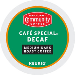 Keurig 2.0 compatible brewer pours Cafe Special Decaf into cup.