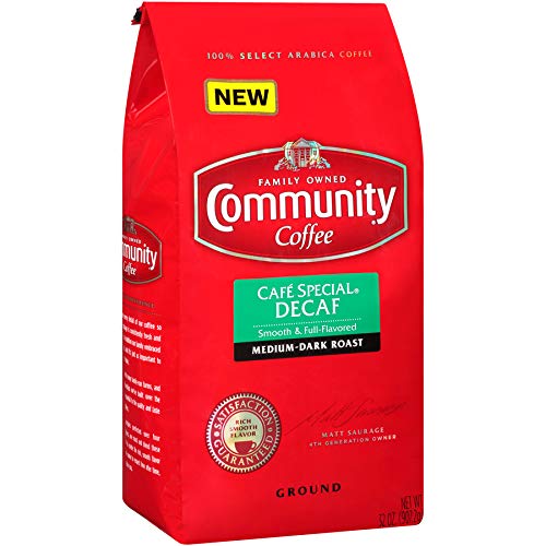 Kitchen scene with four Cafe Special Decaf bags on a shelf.