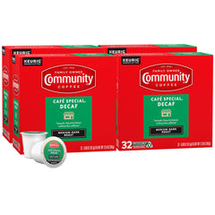 Community Coffee Café Special Decaf pods in a smooth medium-dark roast presentation.
