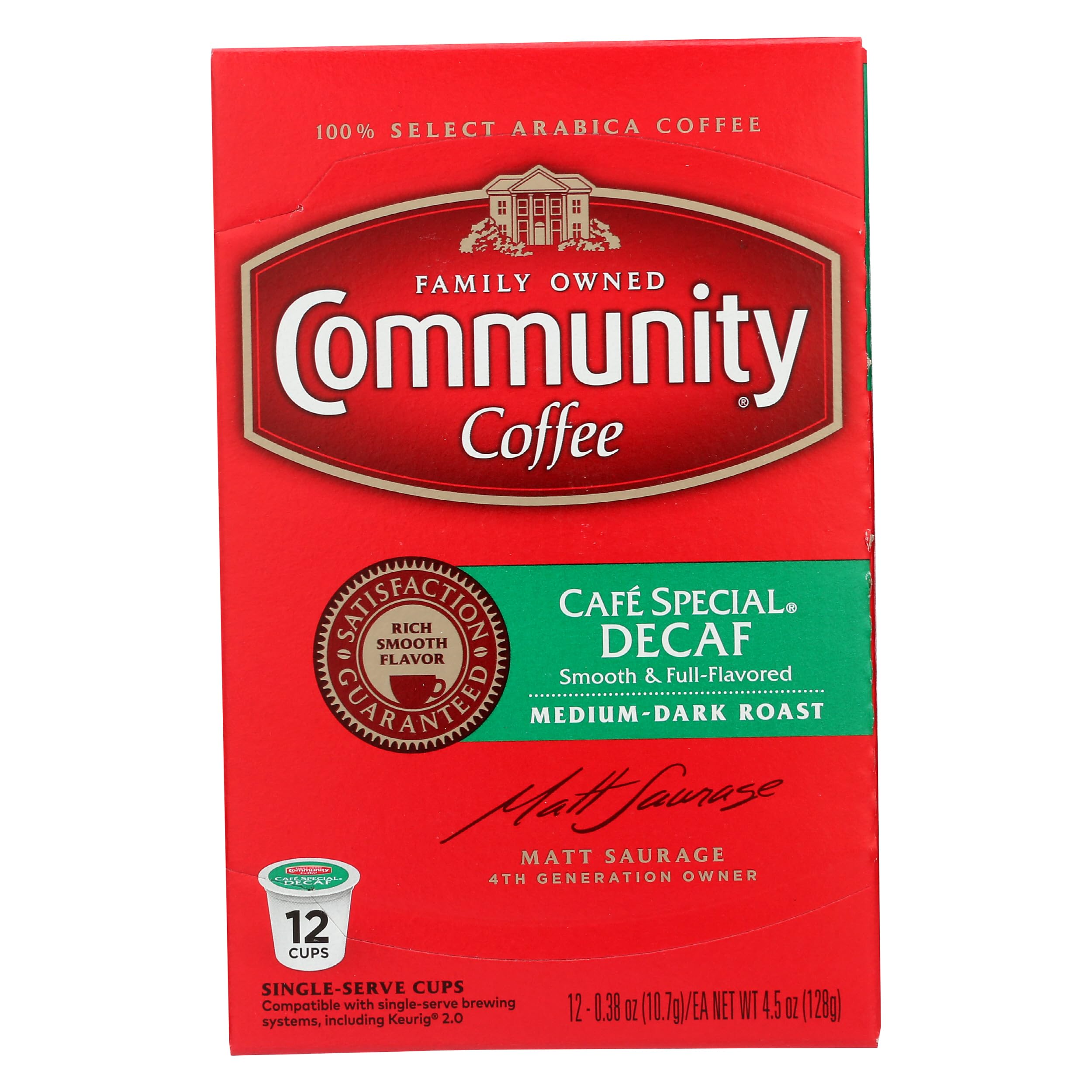 Community Coffee Cafe Special Decaf pack front shows a 12-count box for Keurig brewing