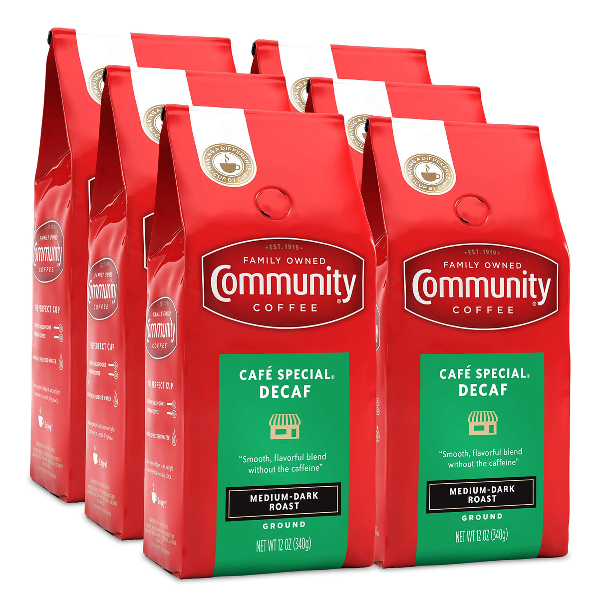 Community Coffee Cafe Special Decaf packaging displays a convenient six-pack.