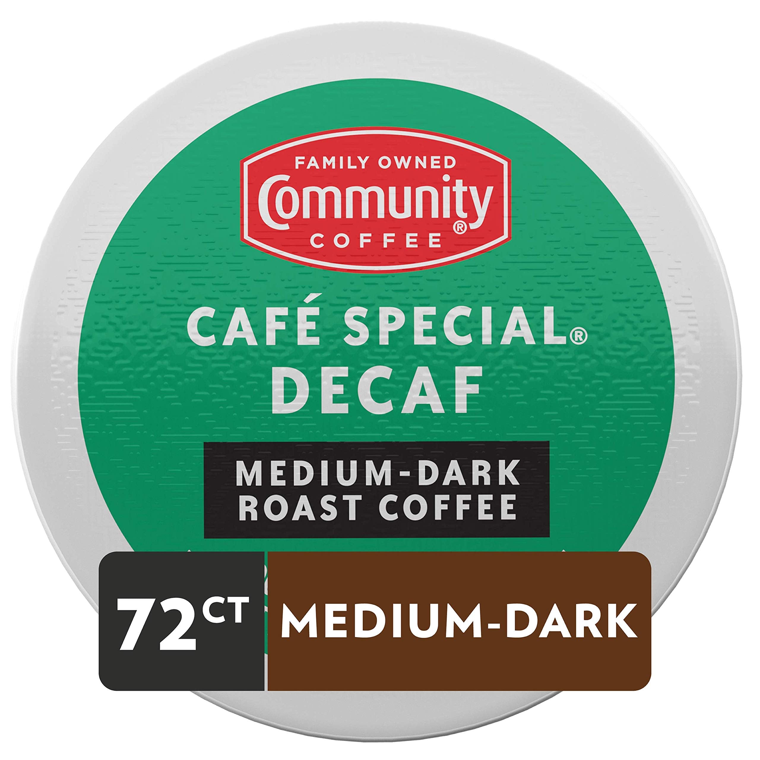 Close-up of Community Coffee Cafe Special Decaf pod with aroma