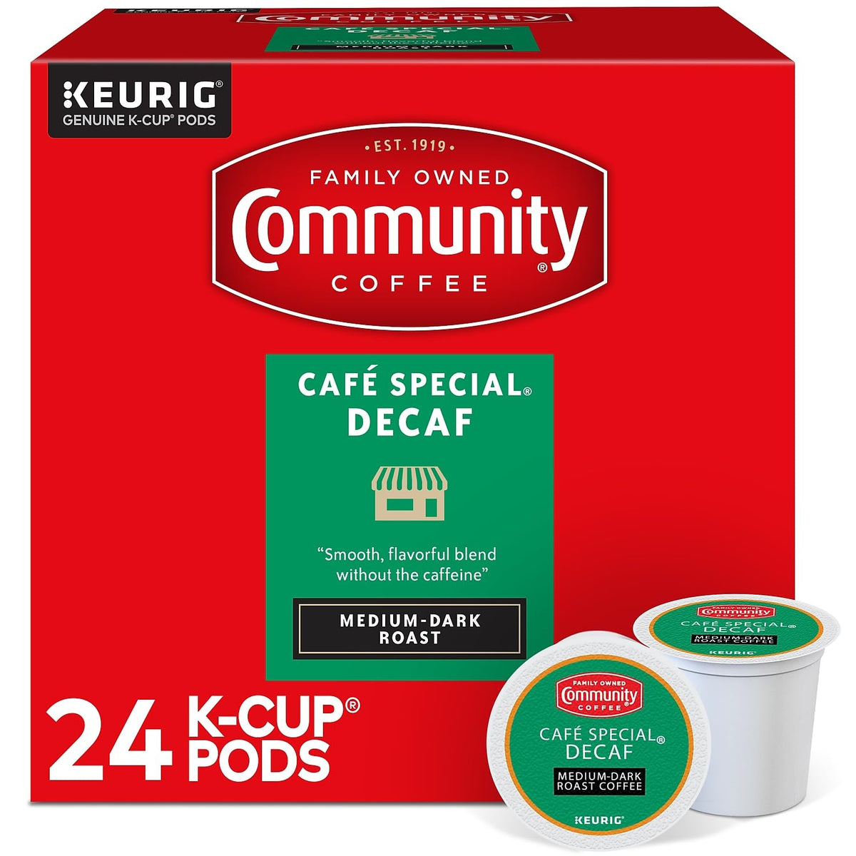 Community Coffee Cafe Special Decaf pods in pack for quick caffeine-free mornings.
