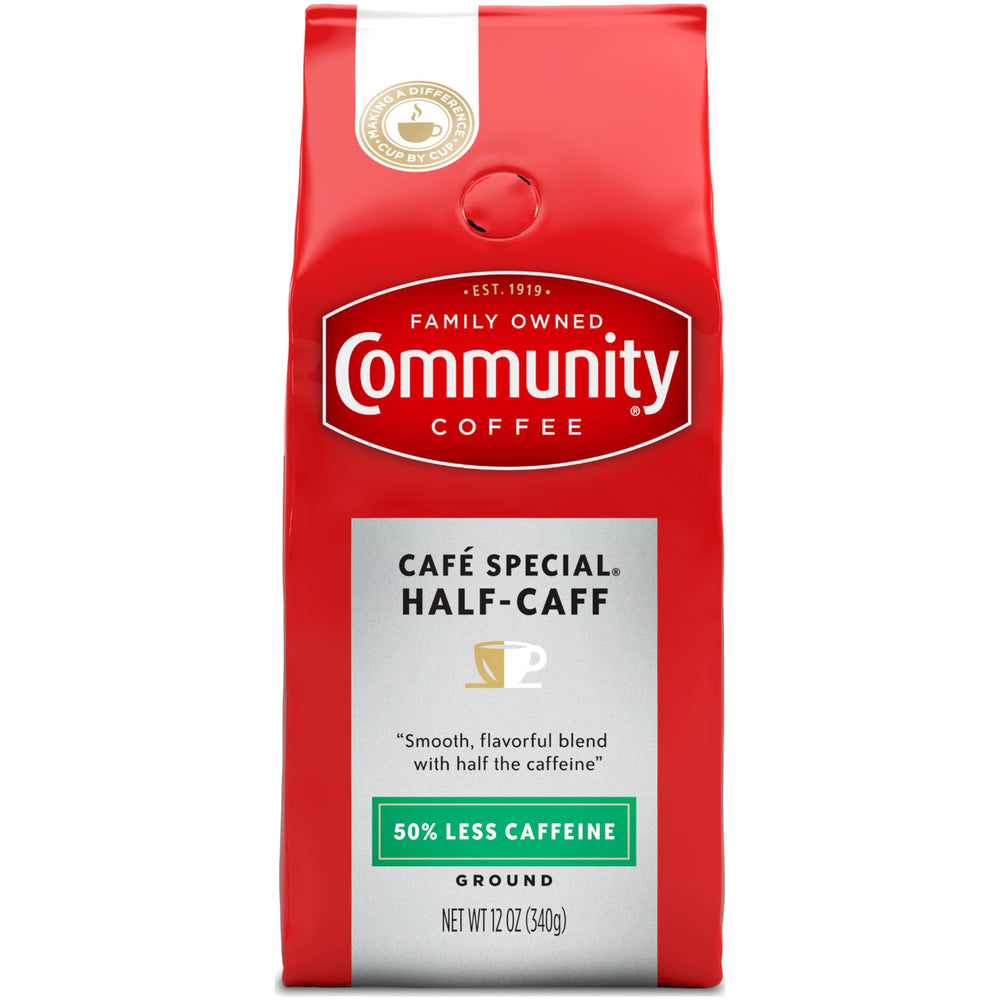 Community Coffee Cafe Special Half-Caff pack shows smooth flavor with half the caffeine for mornings