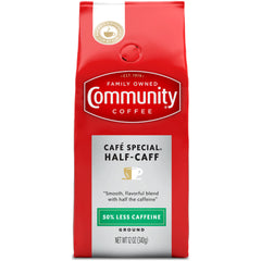 Community Coffee Cafe Special Half-Caff pack shows smooth flavor with half the caffeine for mornings