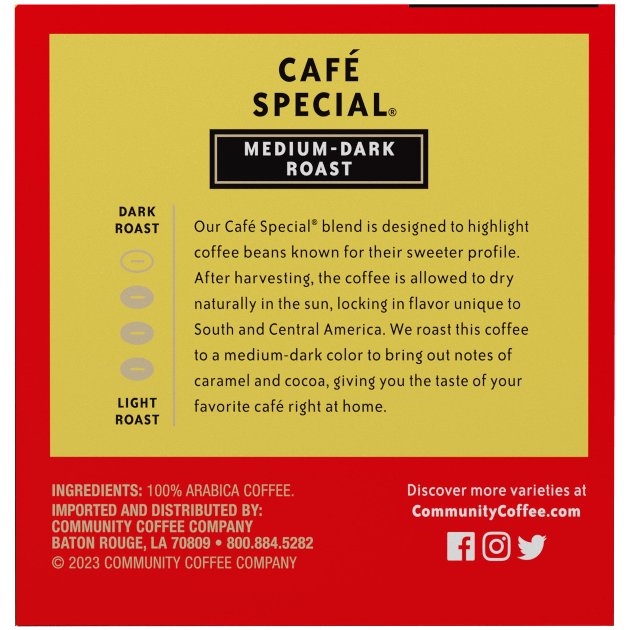 Community Coffee Cafe Special medium-dark roast close-up highlighting caramel and cocoa notes.