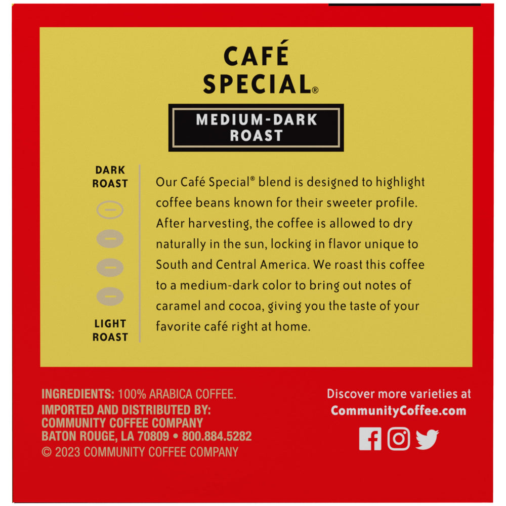 Community Coffee Cafe Special medium-dark roast close-up highlighting caramel and cocoa notes.
