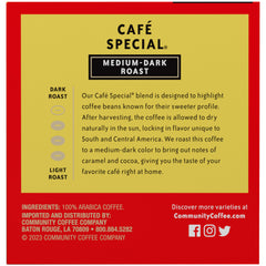 Community Coffee Cafe Special medium-dark roast close-up highlighting caramel and cocoa notes.