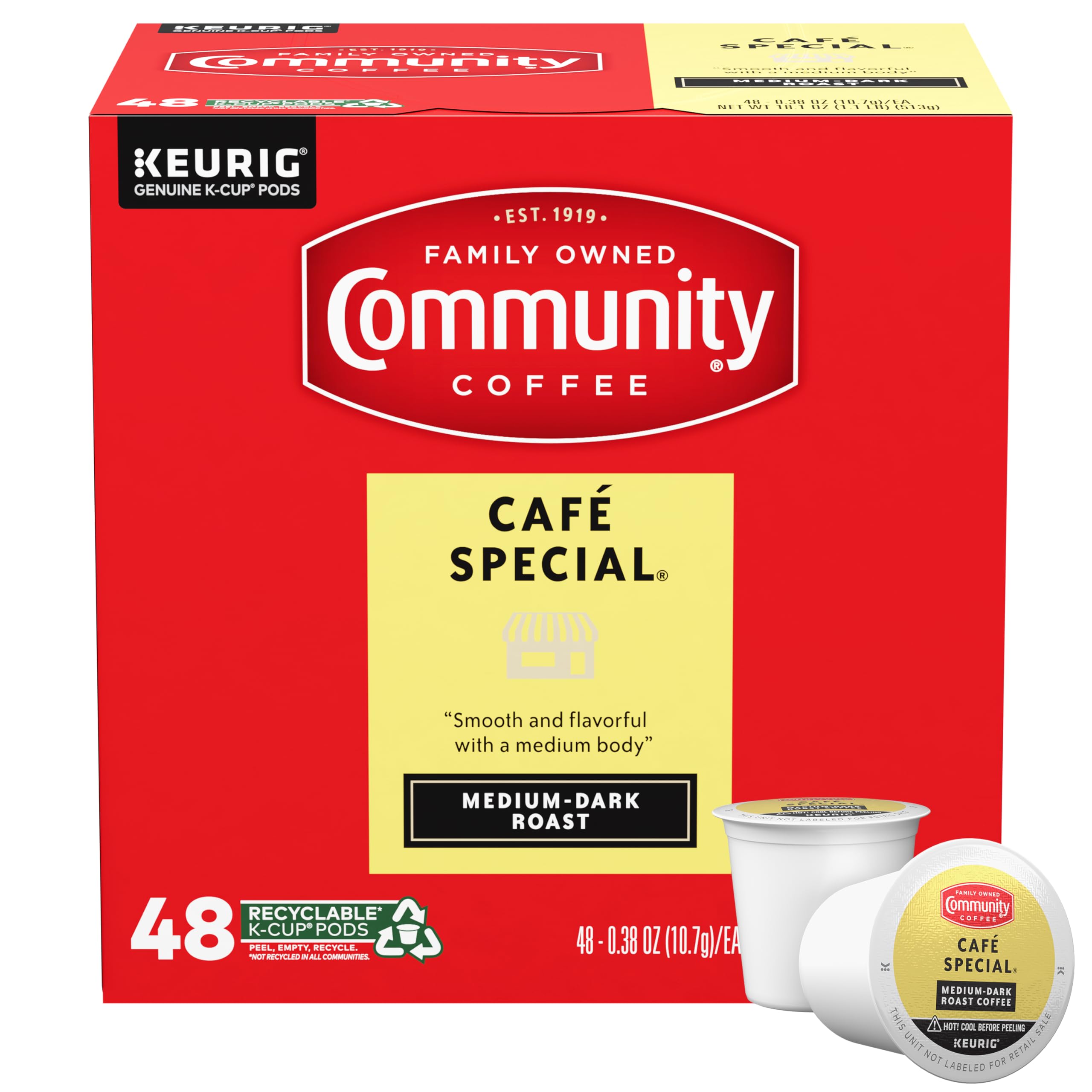 Community Coffee Café Special pods deliver café-style flavor at home with a smooth medium-dark roast.