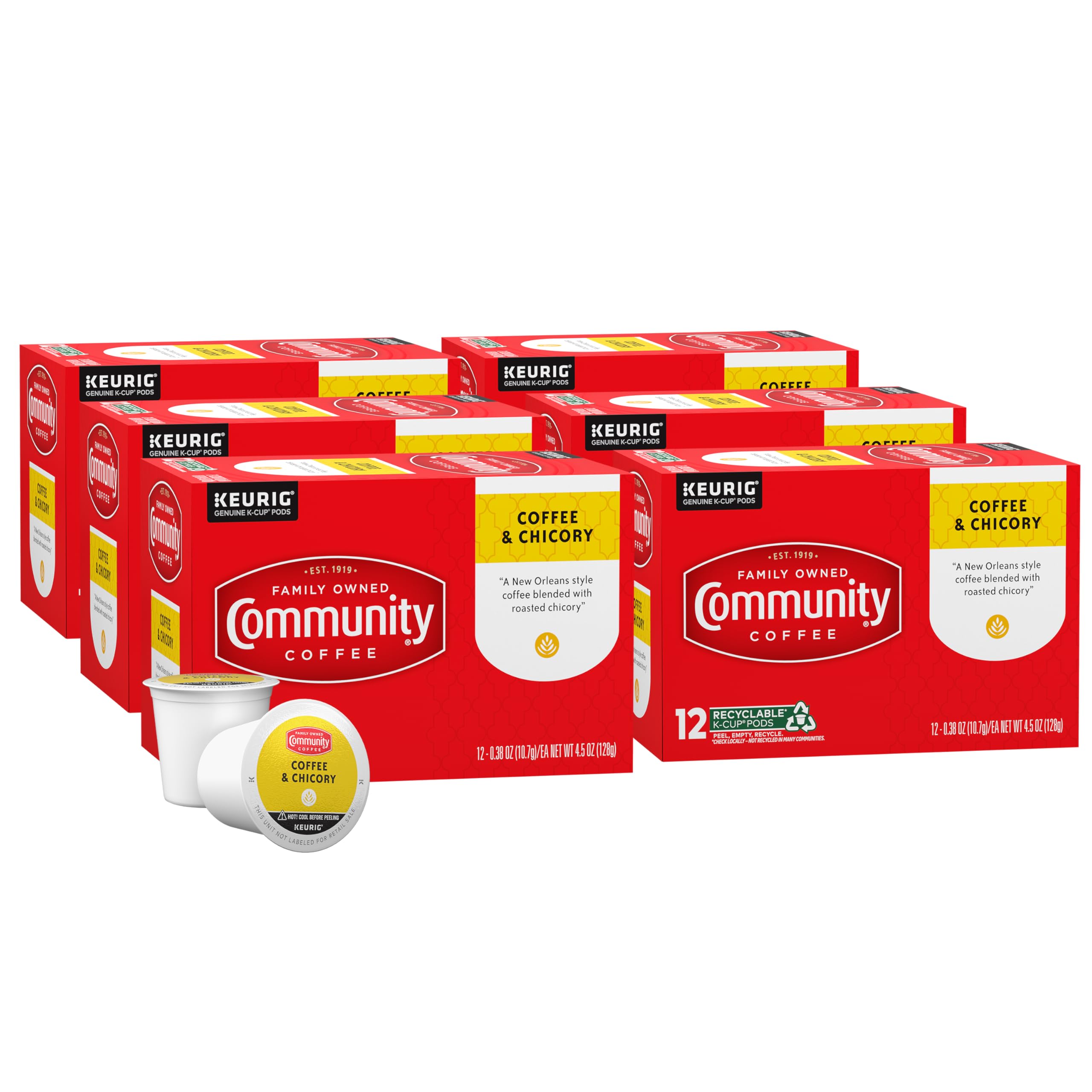 Community Coffee Chicory 72-count pods in a box for quick, flavorful mornings.