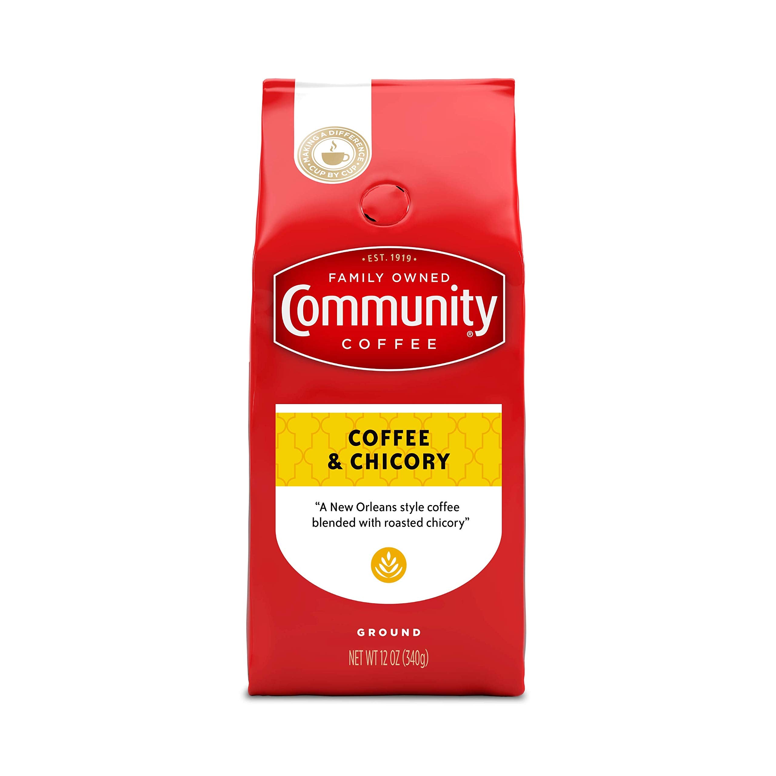 Community Coffee Chicory ground coffee pack front view, ideal for bold mornings