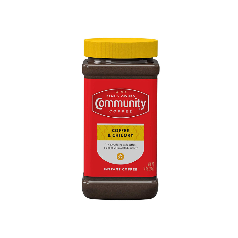 Community Coffee and Chicory jar front view, ready for a bold, convenient instant cup.