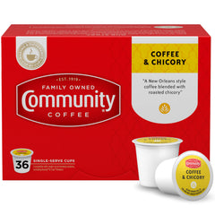 Community Coffee & Chicory pods on display for a quick morning brew