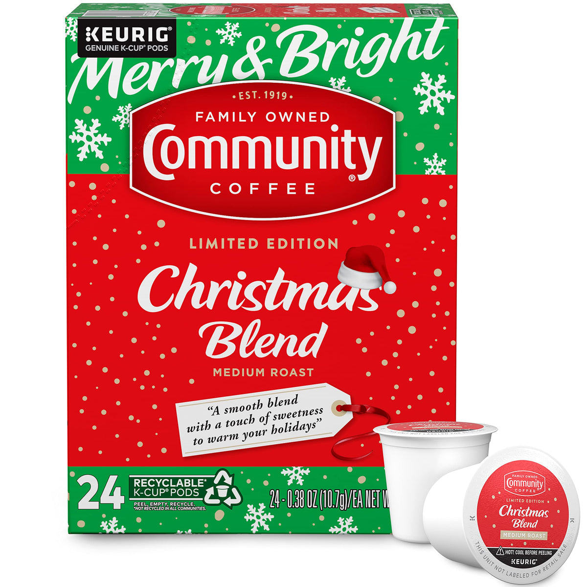 Community Coffee Christmas Blend 24-count pod pack for quick holiday mornings.
