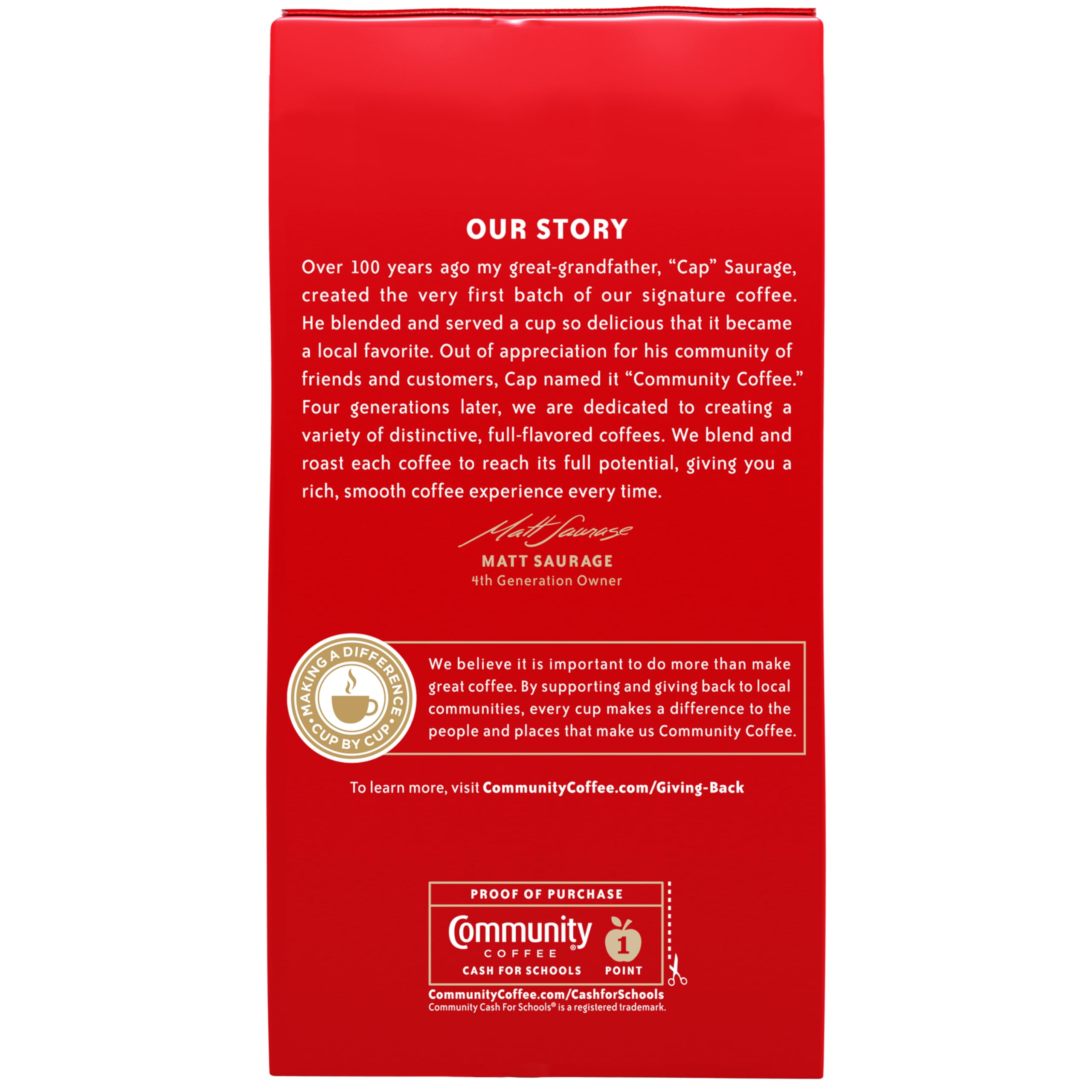 Community Coffee Coffee and Chicory bag back, details on flavor and sourcing.