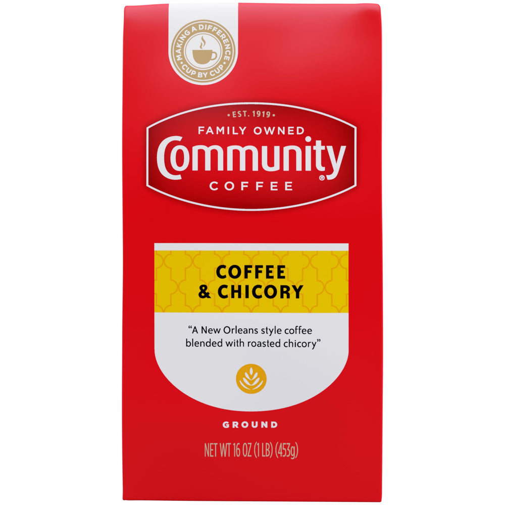 Community Coffee Coffee and Chicory bag front, ideal for bold drip coffee.