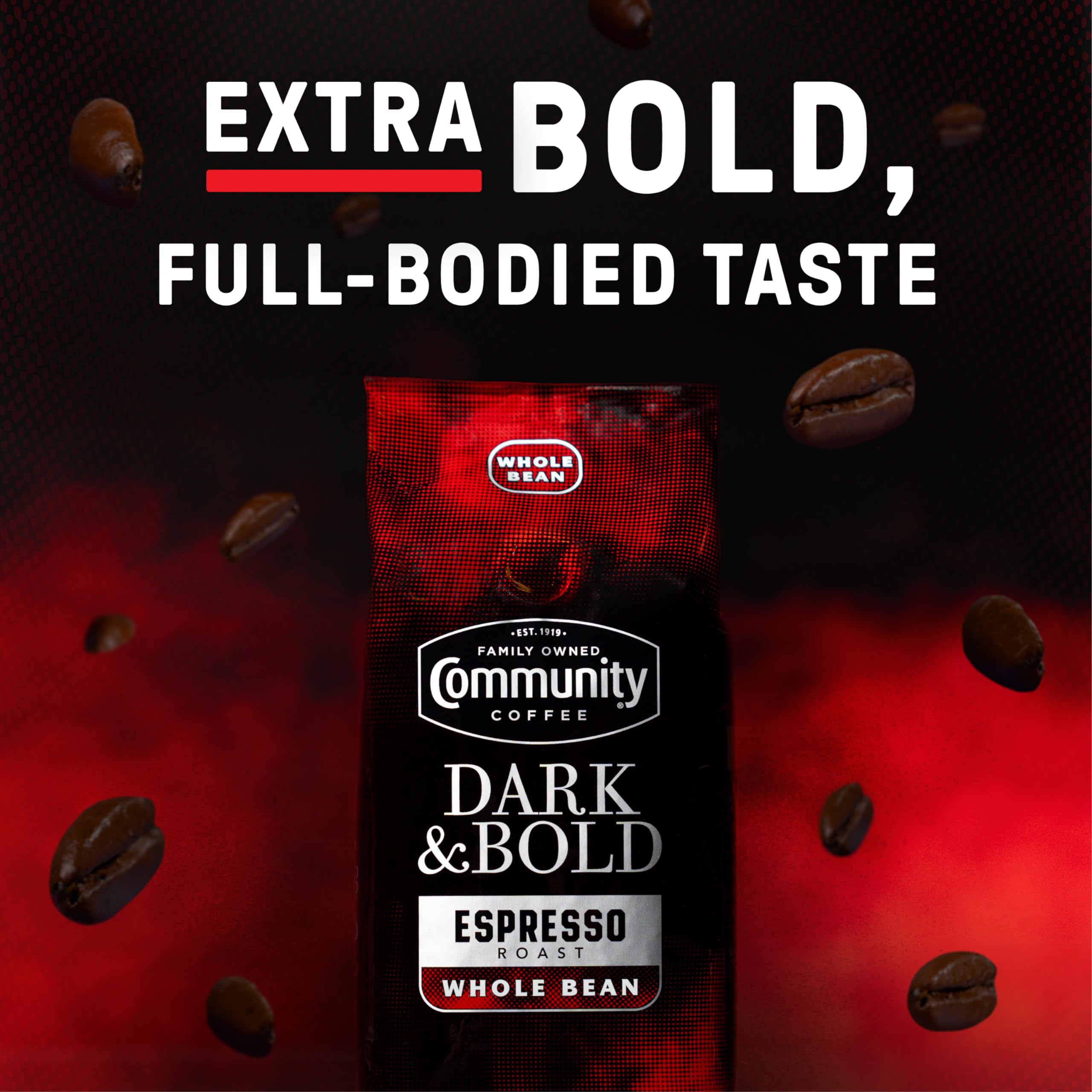 Community Coffee Dark & Bold Espresso Blend in drip coffee maker for a robust morning brew.