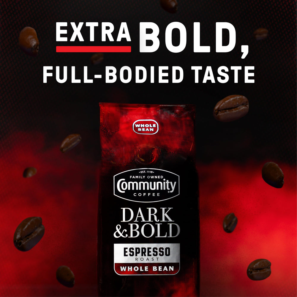 Community Coffee Dark & Bold Espresso Blend in drip coffee maker for a robust morning brew.