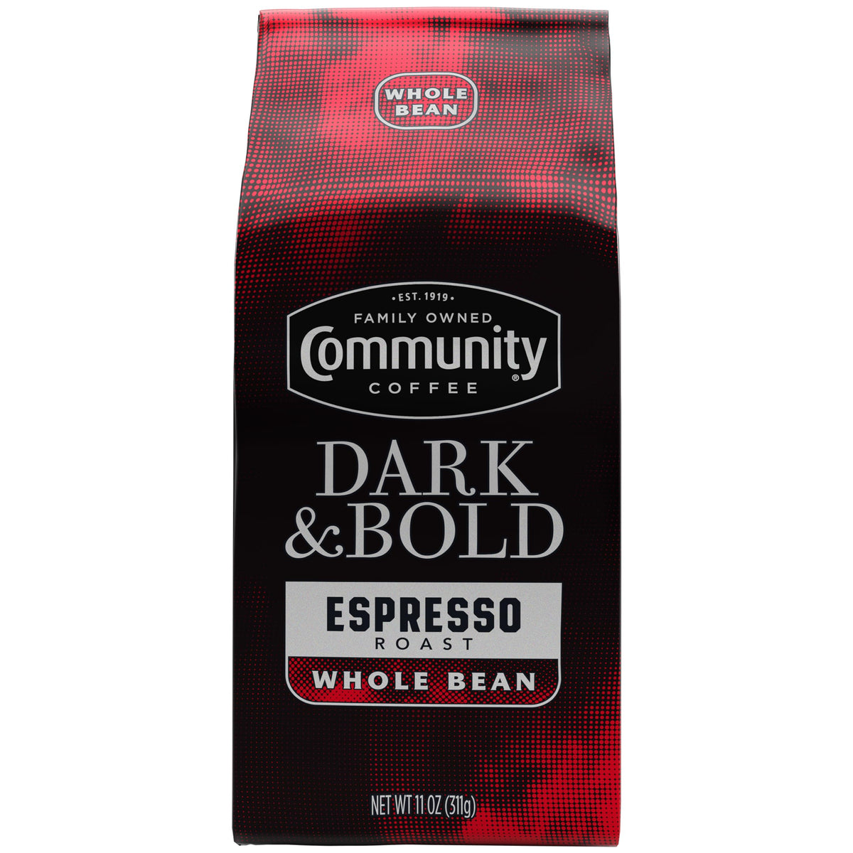 Community Coffee Dark & Bold Espresso Blend packshot highlighting bold aroma for home brewing.