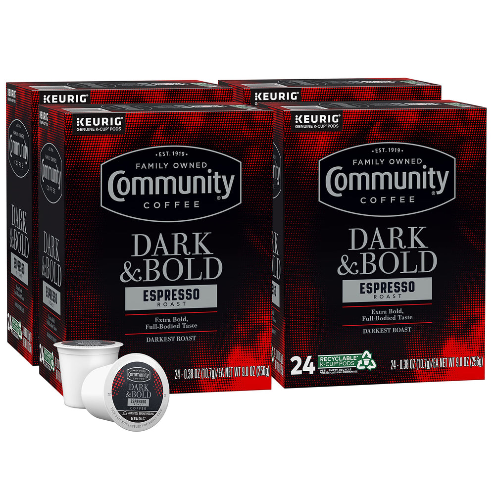 Community Coffee Dark and Bold packaging shows premium beans for a bold morning.