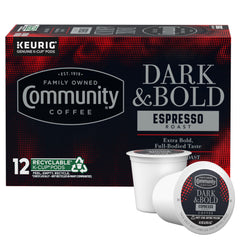 Community Coffee Dark & Bold Espresso Roast pod closeup with bold morning aroma