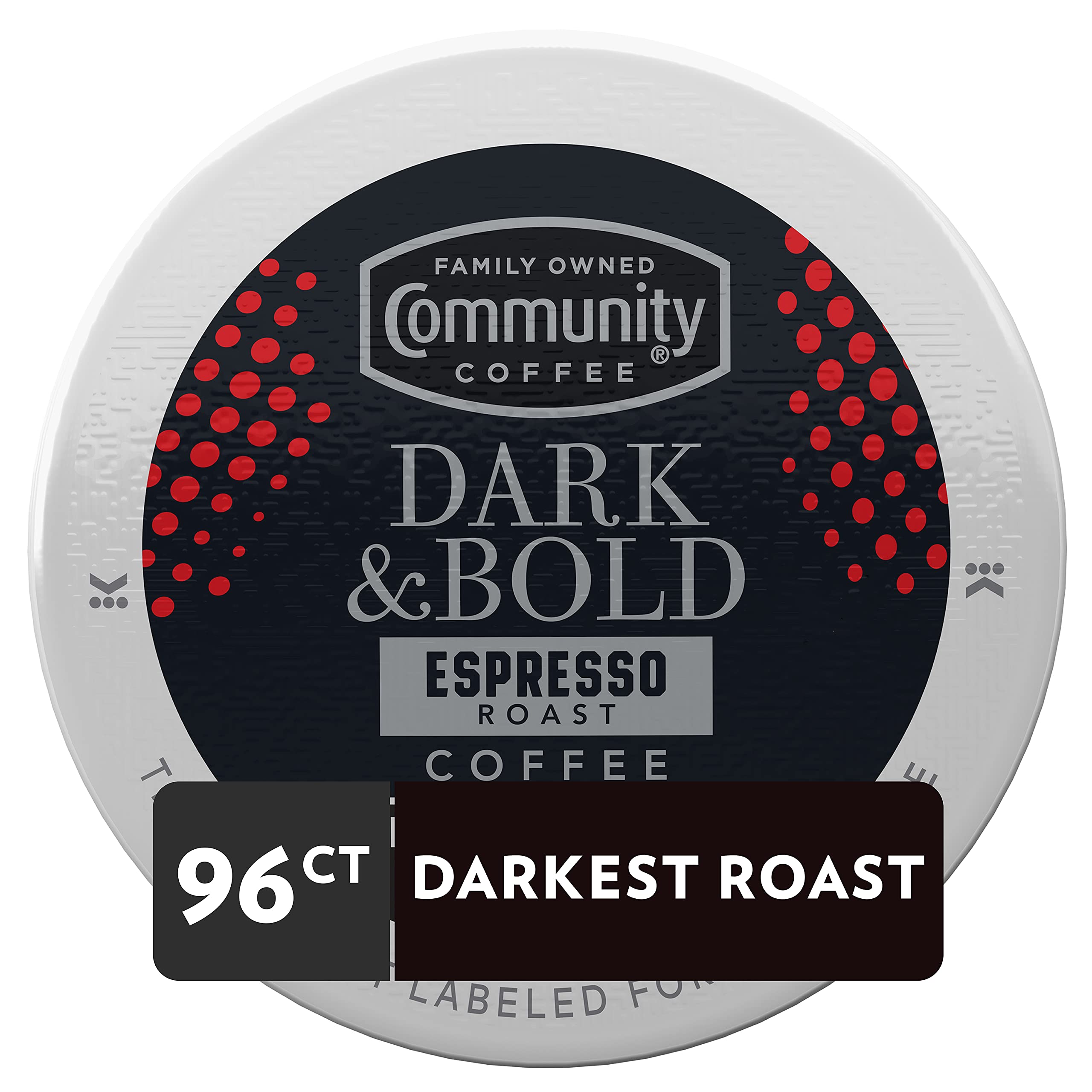 Community Coffee Dark and Bold espresso pods closeup, Keurig compatibility for fast, convenient brews.